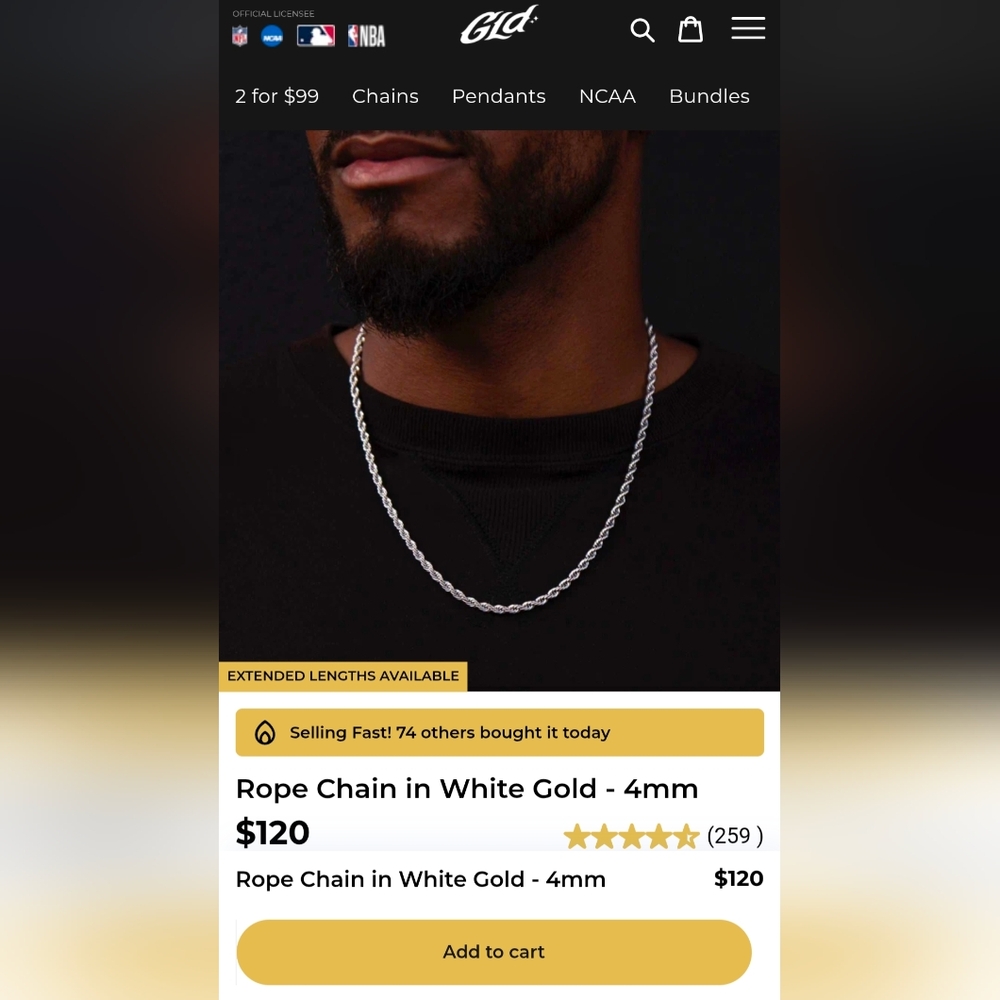 GLD White Gold 4mm 20' Rope Chain - Picture 4 of 5